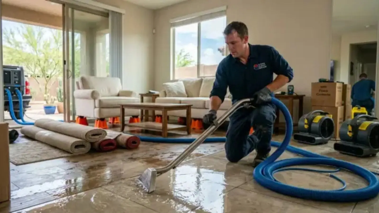 Technician extracting standing water from a living room floor with drying fans set along the wall